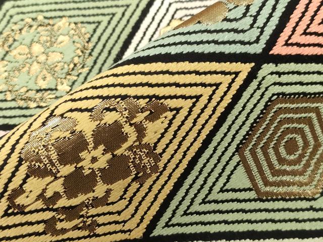 平和屋着物●九寸開き名古屋帯　唐織　菱花文　黒地　金糸　松坂屋扱い　正絹　逸品　CABF6348dy