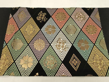平和屋着物●九寸開き名古屋帯　唐織　菱花文　黒地　金糸　松坂屋扱い　正絹　逸品　CABF6348dy
