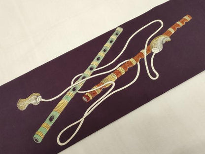 平和屋着物●塩瀬　九寸名古屋帯　総刺繍　笛　金糸　正絹　逸品　CABF6354dy