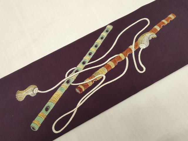 平和屋着物●塩瀬　九寸名古屋帯　総刺繍　笛　金糸　正絹　逸品　CABF6354dy
