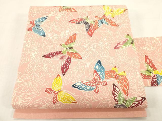 平和屋着物●九寸名古屋帯　紬地　型染め　舞蝶文　正絹　逸品　CABF6355dy