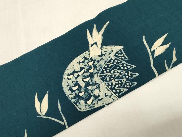 平和屋着物●九寸名古屋帯　作家物　ろうけつ染め　手描き　紬地　草木文　正絹　逸品　CABF6359dy