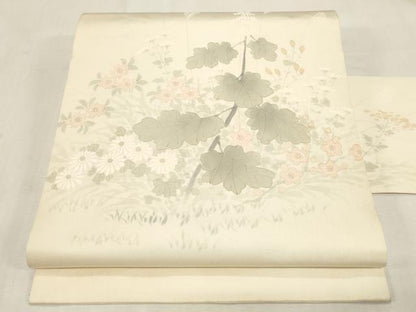 平和屋着物●塩瀬　九寸名古屋帯　手描き　草花文　正絹　逸品　CABF6360dy