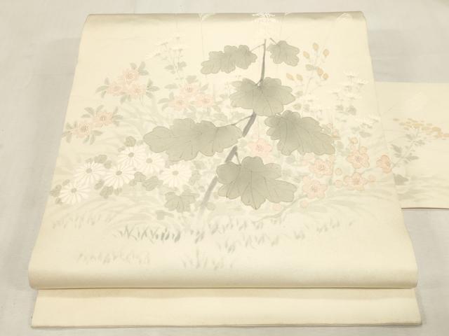 平和屋着物●塩瀬　九寸名古屋帯　手描き　草花文　正絹　逸品　CABF6360dy