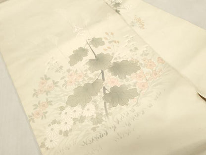 平和屋着物●塩瀬　九寸名古屋帯　手描き　草花文　正絹　逸品　CABF6360dy