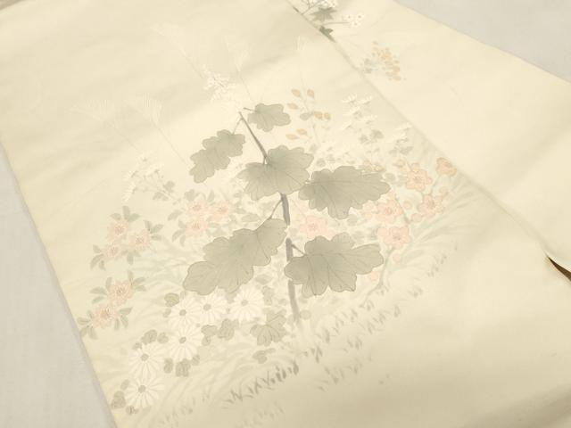 平和屋着物●塩瀬　九寸名古屋帯　手描き　草花文　正絹　逸品　CABF6360dy