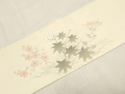 平和屋着物●塩瀬　九寸名古屋帯　手描き　草花文　正絹　逸品　CABF6360dy
