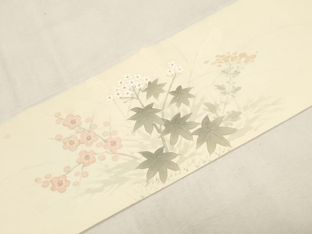 平和屋着物●塩瀬　九寸名古屋帯　手描き　草花文　正絹　逸品　CABF6360dy