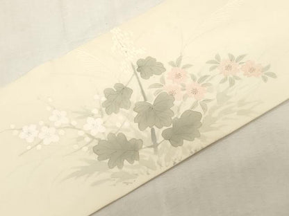 平和屋着物●塩瀬　九寸名古屋帯　手描き　草花文　正絹　逸品　CABF6360dy