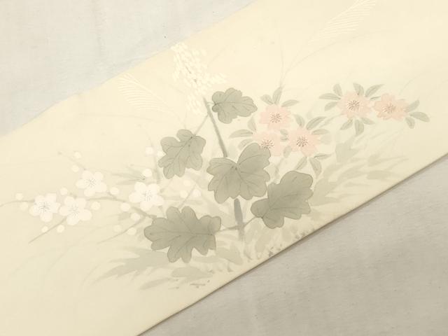 平和屋着物●塩瀬　九寸名古屋帯　手描き　草花文　正絹　逸品　CABF6360dy