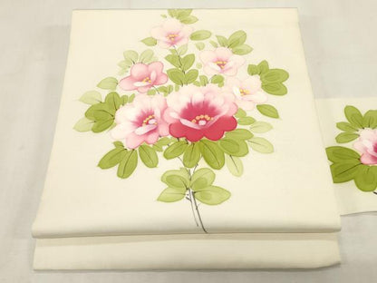 平和屋着物●塩瀬　九寸名古屋帯　手描き　草花文　正絹　逸品　CABF6373dy