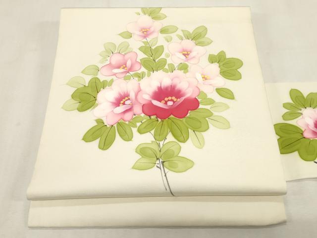 平和屋着物●塩瀬　九寸名古屋帯　手描き　草花文　正絹　逸品　CABF6373dy