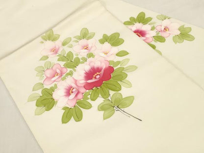 平和屋着物●塩瀬　九寸名古屋帯　手描き　草花文　正絹　逸品　CABF6373dy
