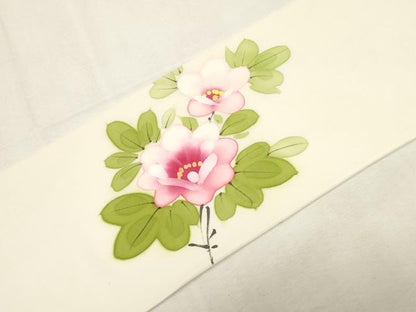 平和屋着物●塩瀬　九寸名古屋帯　手描き　草花文　正絹　逸品　CABF6373dy