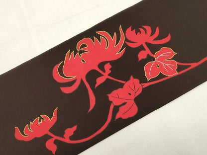 平和屋着物●塩瀬　九寸名古屋帯　駒刺繍　草花文　金彩　正絹　逸品　CABF6374dy