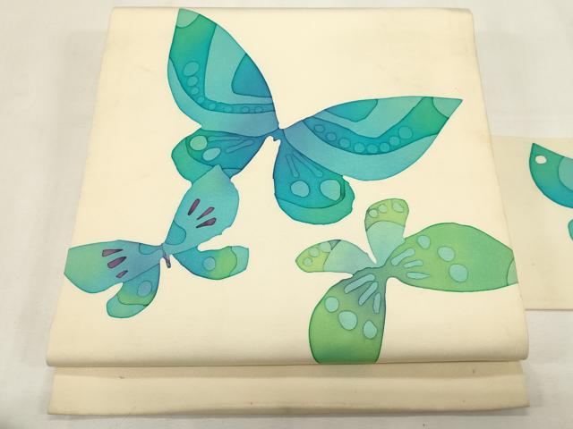 平和屋着物●塩瀬　九寸名古屋帯　手描き　舞蝶文　正絹　逸品　CABF6377dy