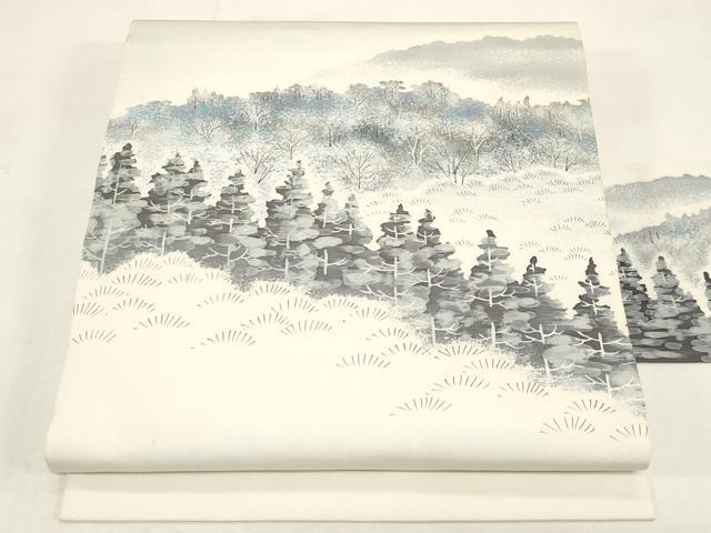 平和屋着物●塩瀬　九寸名古屋帯　作家物　手描き　樹林文　正絹　逸品　CABF6378dy