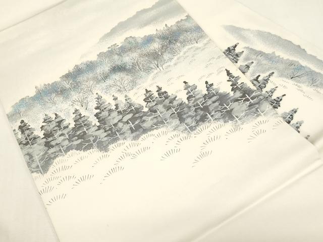 平和屋着物●塩瀬　九寸名古屋帯　作家物　手描き　樹林文　正絹　逸品　CABF6378dy