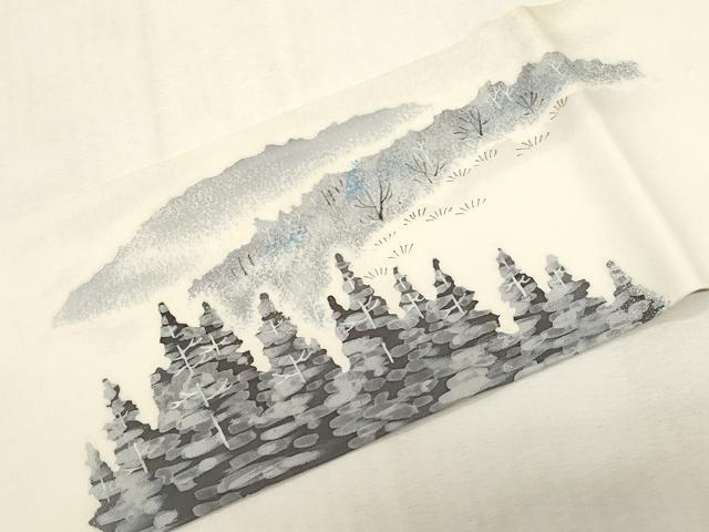 平和屋着物●塩瀬　九寸名古屋帯　作家物　手描き　樹林文　正絹　逸品　CABF6378dy