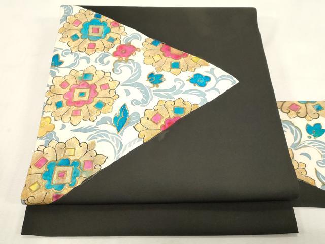 平和屋着物●塩瀬　九寸名古屋帯　草花文　黒地　金彩　正絹　逸品　CABF6379dy