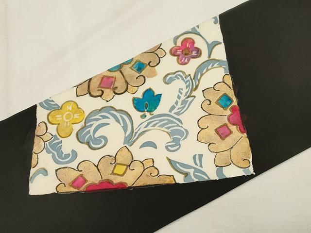 平和屋着物●塩瀬　九寸名古屋帯　草花文　黒地　金彩　正絹　逸品　CABF6379dy