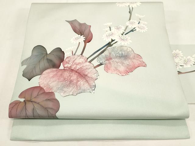 平和屋着物●塩瀬　九寸名古屋帯　作家物　手描き　草花文　金彩　正絹　逸品　CABF6384dy