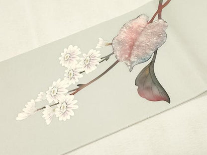 平和屋着物●塩瀬　九寸名古屋帯　作家物　手描き　草花文　金彩　正絹　逸品　CABF6384dy