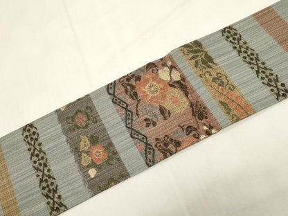 平和屋着物●九寸名古屋帯　紬地　横段草花文　正絹　逸品　CABF6387dy