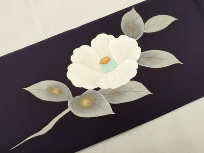 平和屋着物●塩瀬　九寸名古屋帯　手描き　草花文　金彩　正絹　逸品　CABF6388dy