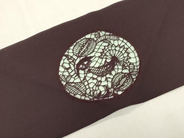 平和屋着物●九寸名古屋帯　総刺繍　花鳥丸文　黒紅色　正絹　逸品　CABF6390dy