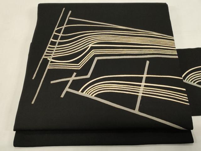 平和屋着物●塩瀬　九寸名古屋帯　幾何学文　黒地　金彩　正絹　逸品　CABF6391dy