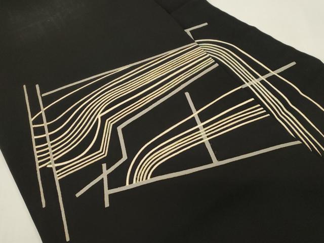 平和屋着物●塩瀬　九寸名古屋帯　幾何学文　黒地　金彩　正絹　逸品　CABF6391dy