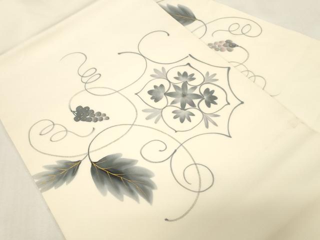 平和屋着物●塩瀬　九寸名古屋帯　作家物　手描き　葡萄蔦の葉花文　金彩　正絹　逸品　CABF6393dy