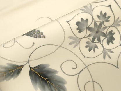 平和屋着物●塩瀬　九寸名古屋帯　作家物　手描き　葡萄蔦の葉花文　金彩　正絹　逸品　CABF6393dy