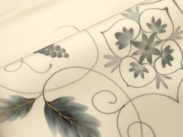 平和屋着物●塩瀬　九寸名古屋帯　作家物　手描き　葡萄蔦の葉花文　金彩　正絹　逸品　CABF6393dy