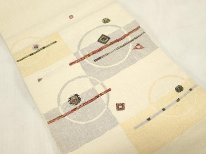 平和屋着物●八寸名古屋帯　紬地　幾何学丸文　正絹　逸品　未使用　CABF6396dy