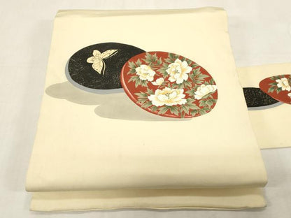 平和屋着物●塩瀬　九寸名古屋帯　手描き　花蝶文　正絹　逸品　CABF6398dy