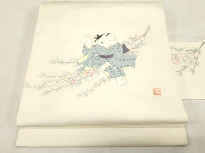 平和屋着物●塩瀬　九寸名古屋帯　作家物　手描き　童子花文　正絹　逸品　CABF6399dy