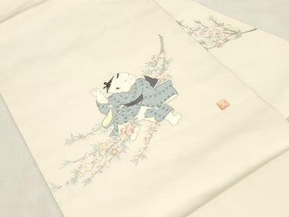 平和屋着物●塩瀬　九寸名古屋帯　作家物　手描き　童子花文　正絹　逸品　CABF6399dy