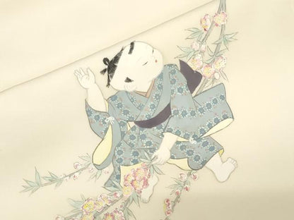 平和屋着物●塩瀬　九寸名古屋帯　作家物　手描き　童子花文　正絹　逸品　CABF6399dy