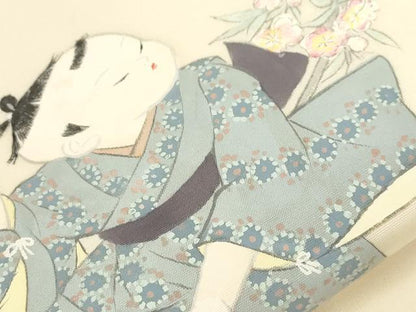 平和屋着物●塩瀬　九寸名古屋帯　作家物　手描き　童子花文　正絹　逸品　CABF6399dy