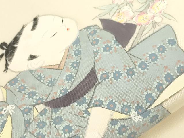 平和屋着物●塩瀬　九寸名古屋帯　作家物　手描き　童子花文　正絹　逸品　CABF6399dy