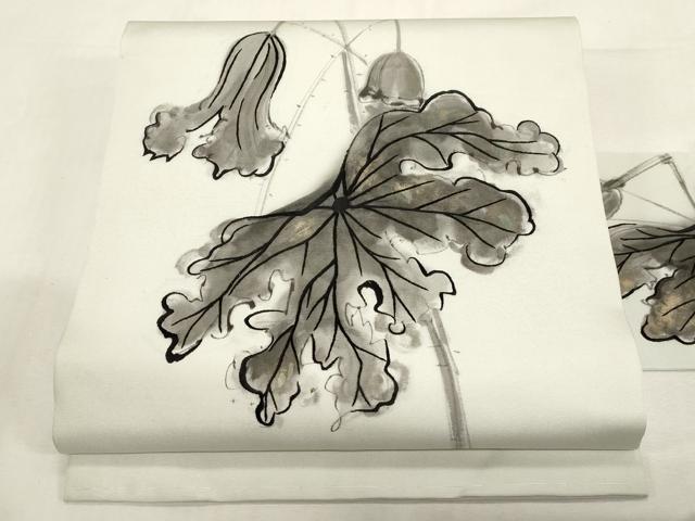 平和屋着物●塩瀬　九寸名古屋帯　手描き　草花文　正絹　逸品　未使用　CABF6400dy
