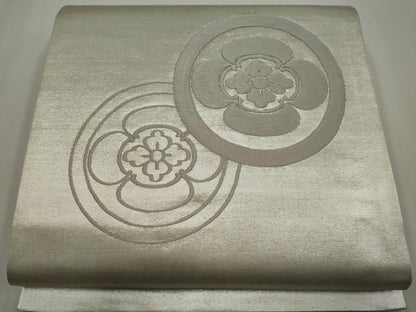 平和屋着物◎太鼓柄袋帯 総刺繍 花丸文 銀糸 正絹 逸品 CABF6406ou