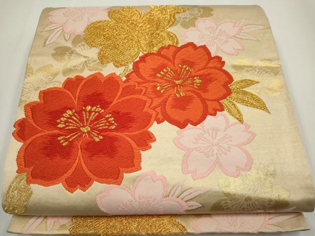 平和屋着物◎六通柄袋帯　唐織　枝桜文　金銀糸　正絹　逸品　CABF6408ou