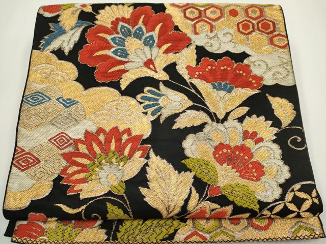 平和屋着物◎六通柄　本袋帯　唐織　更紗花文　黒地　金糸　正絹　逸品　CABF6409ou