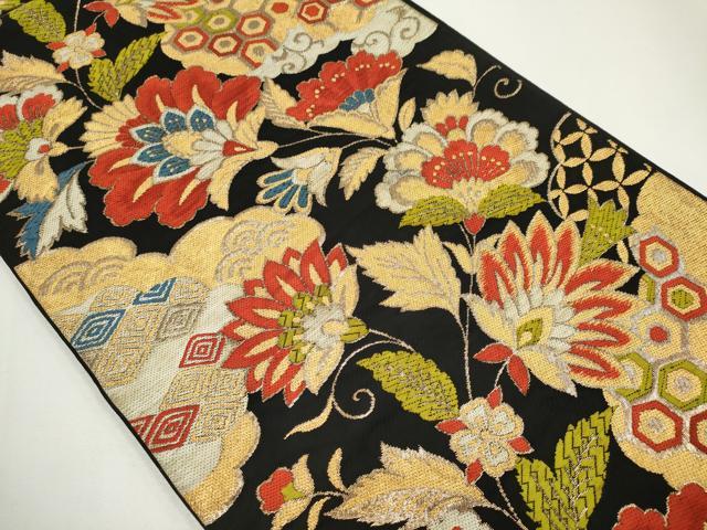 平和屋着物◎六通柄　本袋帯　唐織　更紗花文　黒地　金糸　正絹　逸品　CABF6409ou