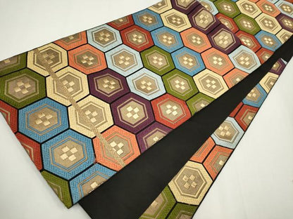 平和屋着物◎六通柄袋帯 唐織 亀甲文様 黒地 金糸 正絹 逸品 CABF6413ou