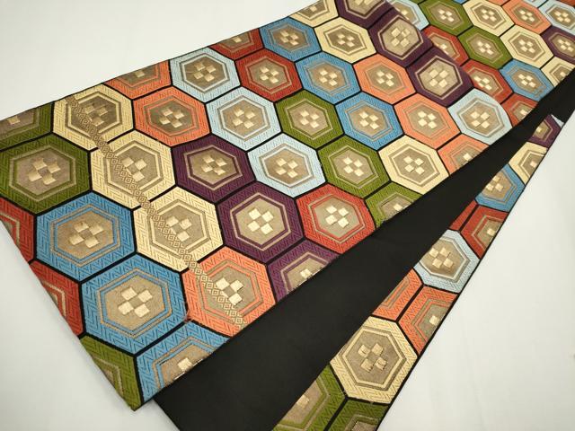 平和屋着物◎六通柄袋帯 唐織 亀甲文様 黒地 金糸 正絹 逸品 CABF6413ou