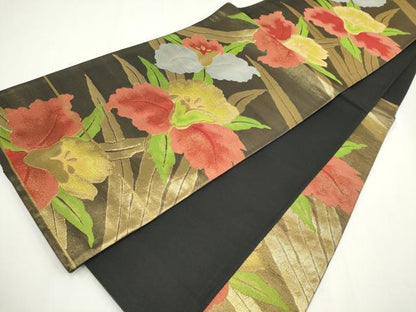 平和屋着物◎六通柄袋帯　草花文　金銀糸　正絹　逸品　CABF6416ou
